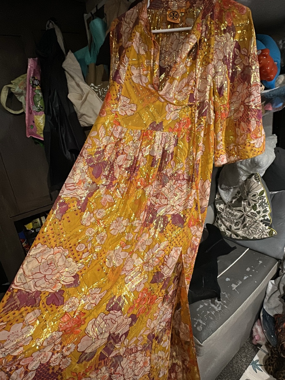 Tory Burch Mustard Maxi Skirt with Pink & Purple Floral Print